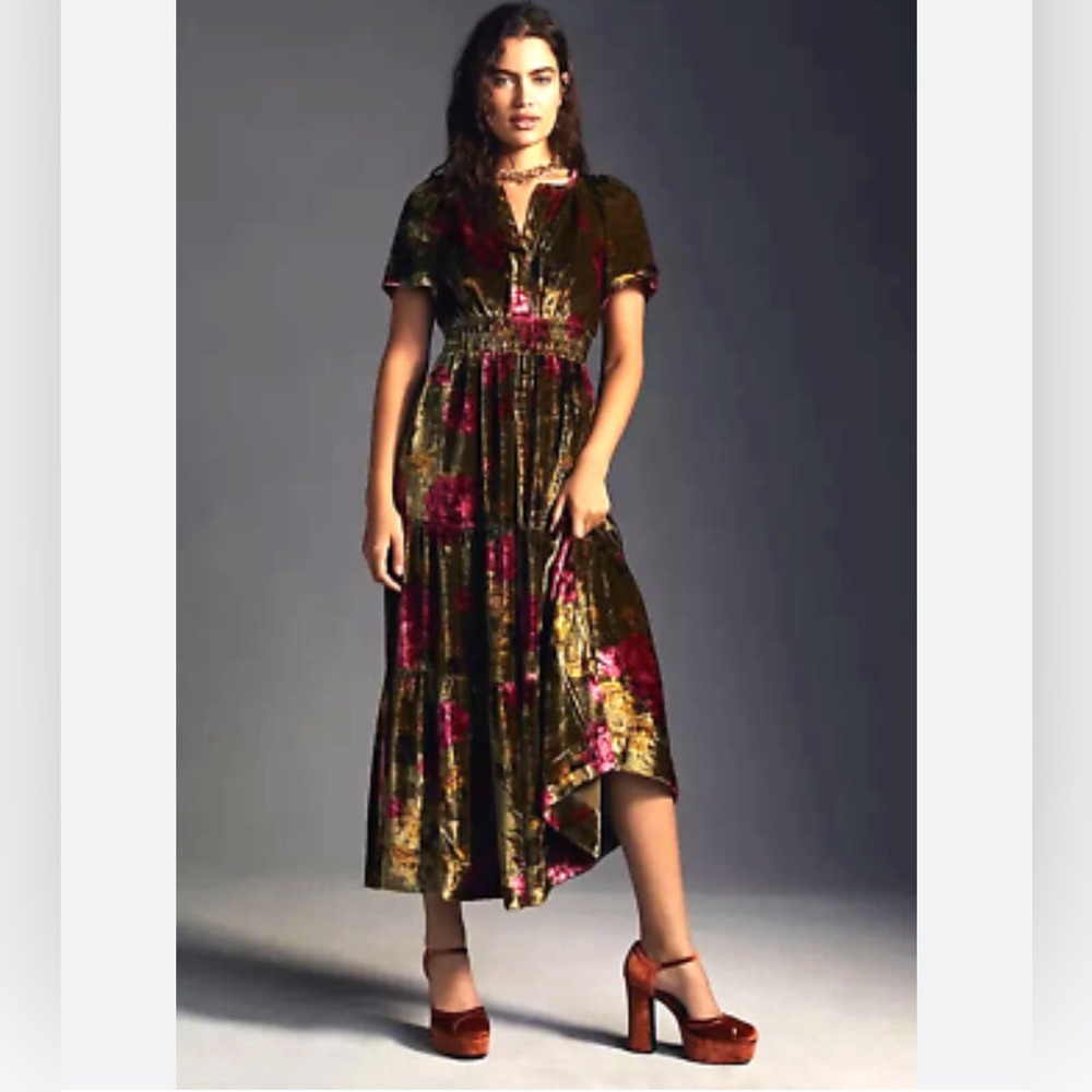 Anthropologie Olive Green Velvet Maxi Dress with Pink and Gold Floral Accents